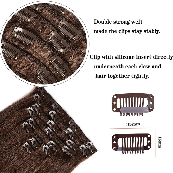 Clip in Hair Extensions Real Human Hair, 14Inch 8Ps 120G Handmade Real Human Hair Clip in Extensions Soft Silky Straight Dark Brown Hair Extensions Clip in Human Hair for Black Women