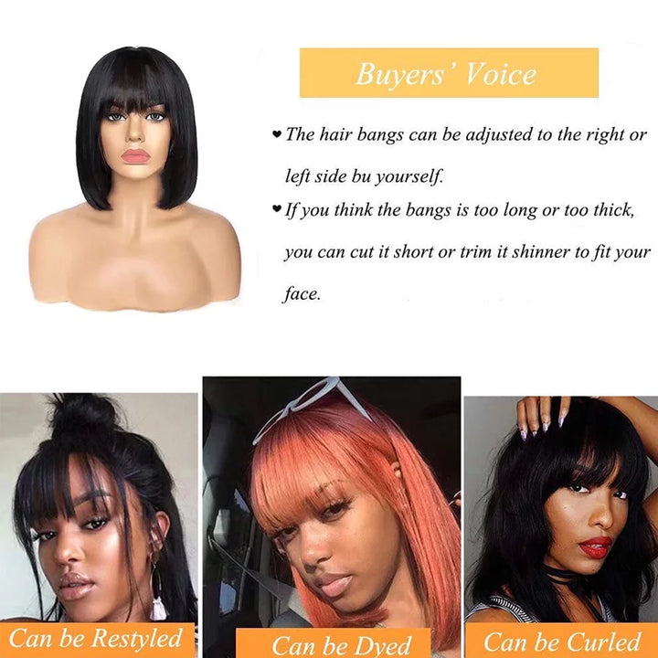 Bob Wigs with Bangs Brazilian Straight Human Hair Wigs Machine Made Bob Wig for Black Women None Lace Front Wigs Natural Color (8 Inch)