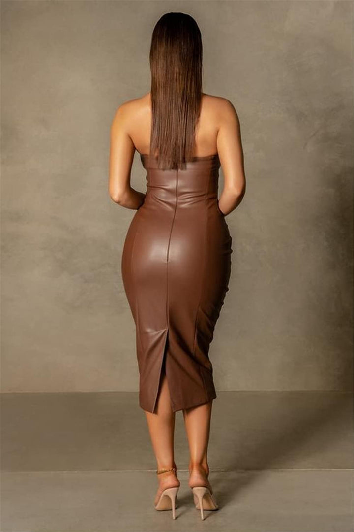 Women Sexy Strapless Tube Top Club Midi Dress off Shoulder Bodycon Party Faux Leather Dress