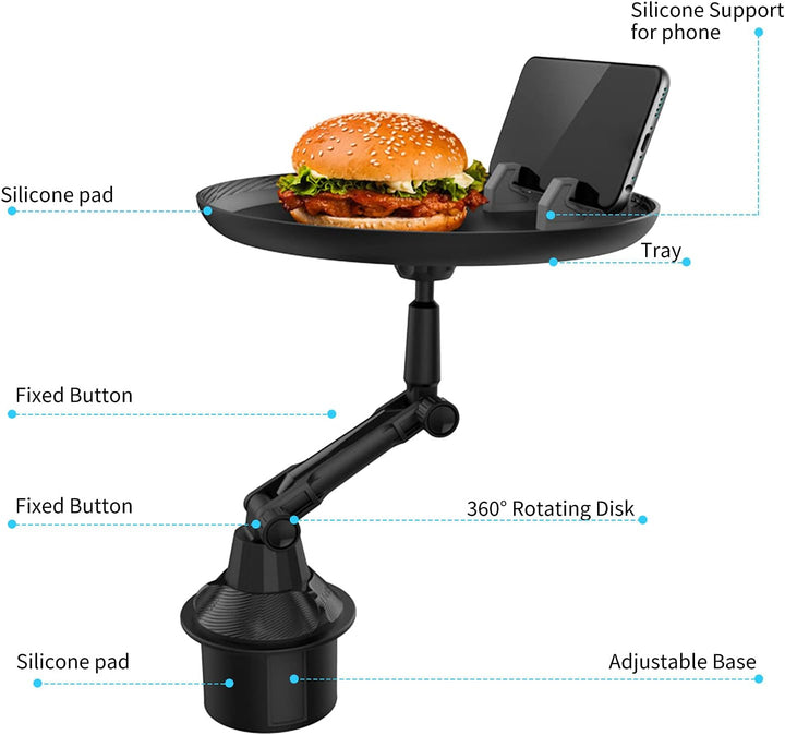 Car Cup Holder Tray,  Multifunctional Cup Holder Expander with 9" Surface, Phone Slot, and 360° Swivel Arm, Adjustable Car Tray Table for Eating/Enjoying in Your Car (Big)