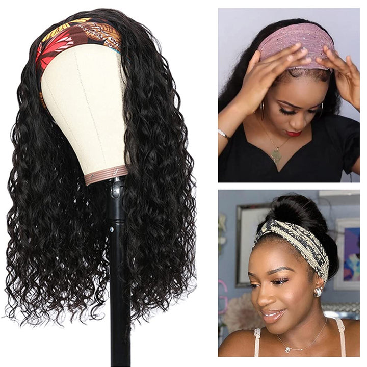 Deep Wave Headband Wig Human Hair 16 Inch Headband Wigs for Black Women Glueless None Lace Front Wigs Human Hair 150% Density Culy Human Hair Wig