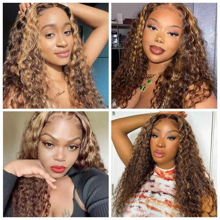 Highlight Water Wave Transparent Lace Front Wigs Human Hair Pre Plucked 20 Inch 180% Density #4/27 Ombre Colored Glueless Curly Wave Honey Blonde Hair Wigs for Women