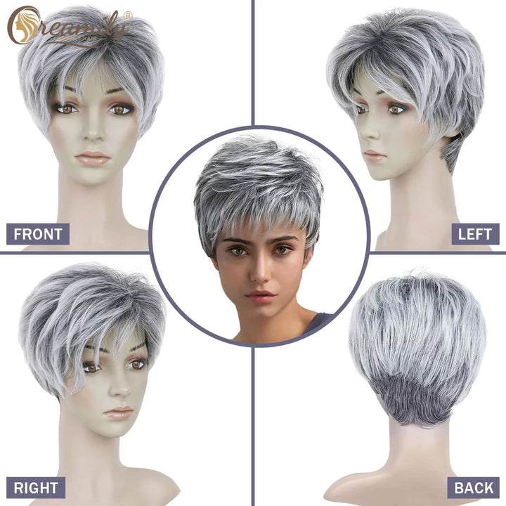 Grey Short Wigs for Black Women Layered Short Pixie Cut Wigs with Bangs Synthetic Grey Wigs Wefted Wig Cap