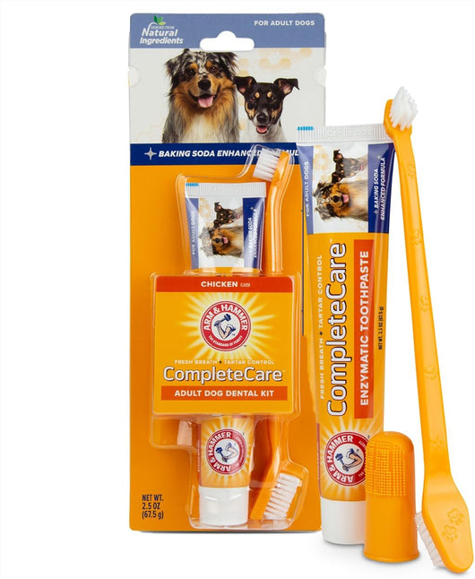 Arm & Hammer Dog Dental Kit - Enzymatic Dog Toothpaste 2.5 oz Chicken Flavor - Dog Toothbrush & Finger Brush - Tartar & Gum Cleaning with Baking Soda Enhanced Formula - Complete Dental Care for Dogs