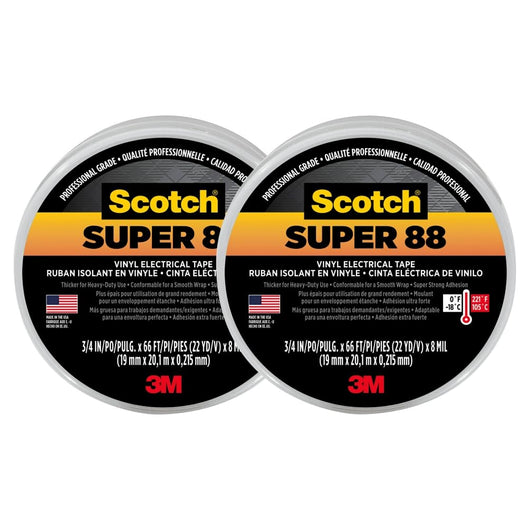 3M Scotch Super 88 Vinyl Electrical Tape, -18 to 105 Degree C, 10000 mV Dielectric Strength, 66' Length x 3/4" Width, Black, 2 PACK