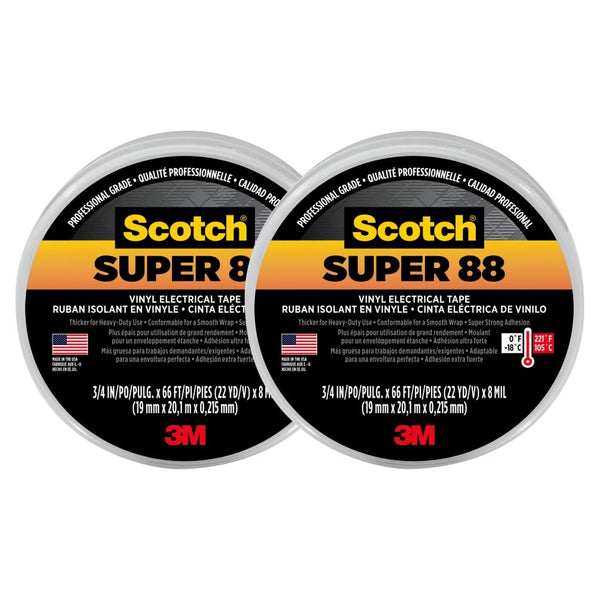 3M Scotch Super 88 Vinyl Electrical Tape, -18 to 105 Degree C, 10000 mV Dielectric Strength, 66' Length x 3/4" Width, Black, 2 PACK