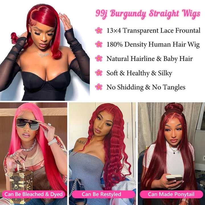 SOSATISFY Straight 99J Burgundy Lace Front Wigs Human Hair 13X4 Glueless HD Transparent Red Wig Human Hair Lace Front 180% Density Colored Wigs for Women Pre Plucked with Baby Hair (22 Inch)