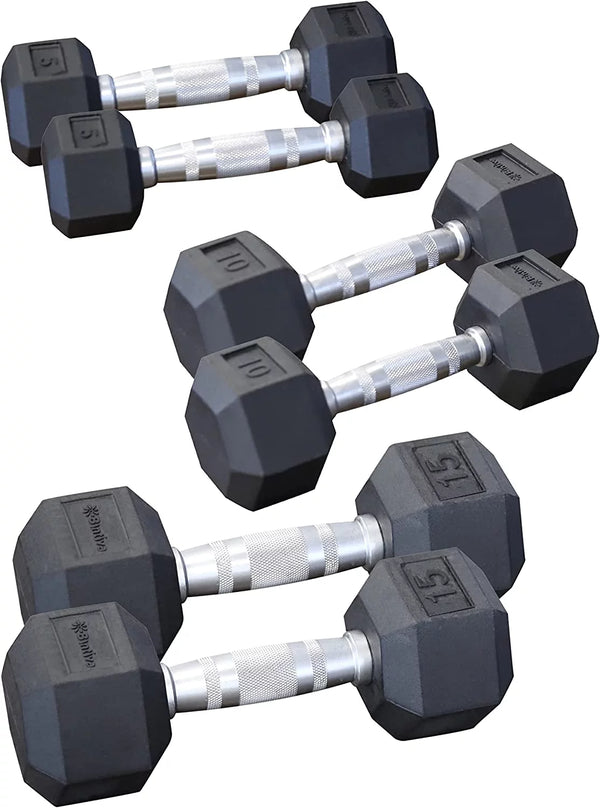 Rubber Coated Hexagon Dumbbells - Pairs - Encased Hand Weights for Men and Women