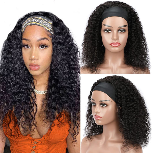 Deep Wave Headband Wig Human Hair 16 Inch Headband Wigs for Black Women Glueless None Lace Front Wigs Human Hair 150% Density Culy Human Hair Wig