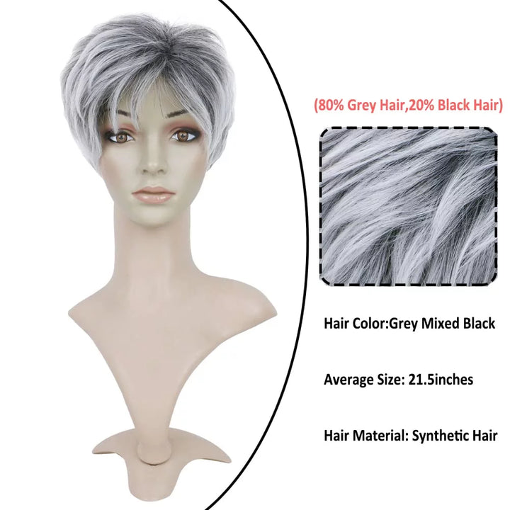 Grey Short Wigs for Black Women Layered Short Pixie Cut Wigs with Bangs Synthetic Grey Wigs Wefted Wig Cap