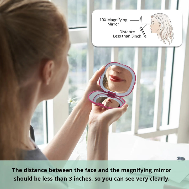 Mirror Travel Makeup with Lights 10X Magnifying Handheld Portable Mirror for Home Rose