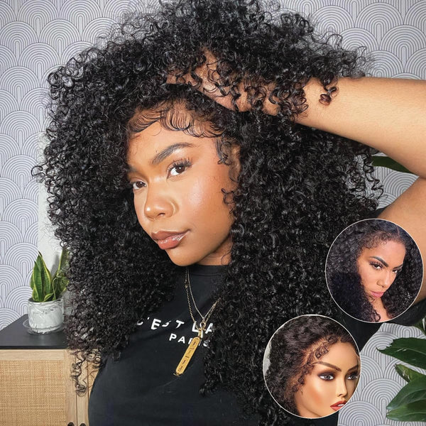 Kinky Edges Hairline Wigs Human Hair 7X5 HD Lace Closure Curly Baby Hair Wig Put on Go Bye Bye Knots Glueless Wig Pre Plucked with Realistic Hairline 150% Density 14Inch