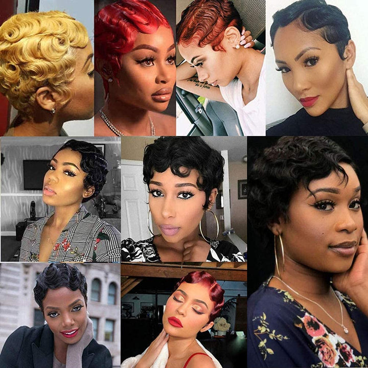 Short Pixie Cut Wig Short Wigs Finger Wave Wig for Black Women Brazilian Non-Remy Human Hair Wigs Full Machine Made Wigs Cheap Human Hair Wigs（Blonde 27#）