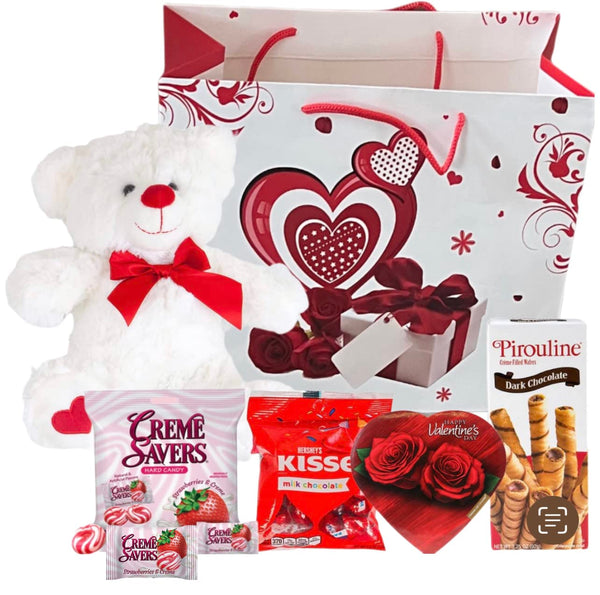 Valentines Day Gift Basket Set | Teddy Bear Plush (COLOR VARYS), Creme Savers Hard Candy, Individually Wrapped, Hershey Kisses Milk Chocolate, Heart Shape Elmer Chocolates Dark Chocolate or Hazelnut Pirouline Wafers, & Valentine Bag (Design Varies |