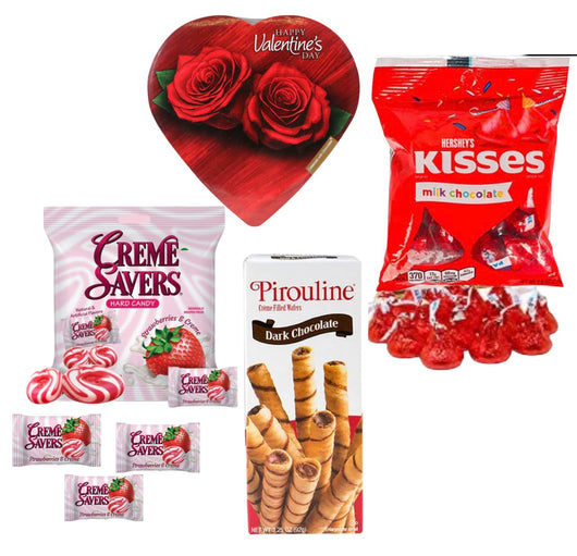 Valentines Day Gift Basket Set | Teddy Bear Plush (COLOR VARYS), Creme Savers Hard Candy, Individually Wrapped, Hershey Kisses Milk Chocolate, Heart Shape Elmer Chocolates Dark Chocolate or Hazelnut Pirouline Wafers, & Valentine Bag (Design Varies |