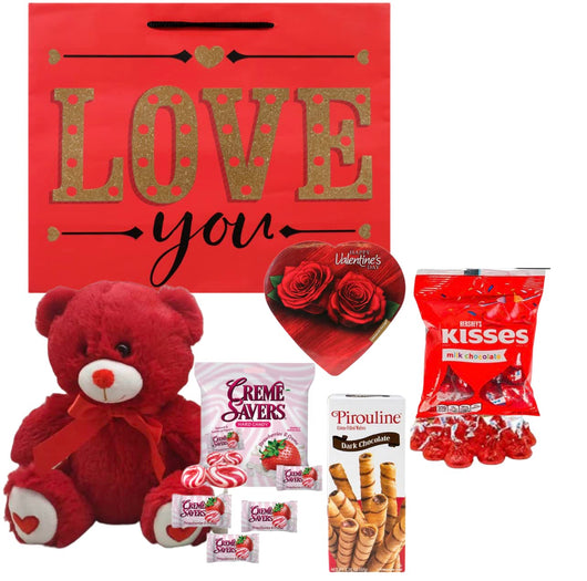 Valentines Day Gift Basket Set | Teddy Bear Plush (COLOR VARYS), Creme Savers Hard Candy, Individually Wrapped, Hershey Kisses Milk Chocolate, Heart Shape Elmer Chocolates Dark Chocolate or Hazelnut Pirouline Wafers, & Valentine Bag (Design Varies |