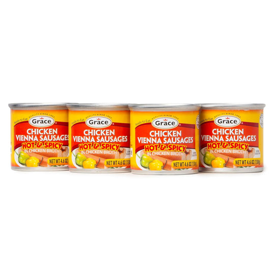 Grace Hot & Spicy Chicken Vienna Sausage in Chicken Broth 4.6z - 4 Pack - US Made Hot and Spicy Vienna Sausages Canned Food - Salchichas de Pollo