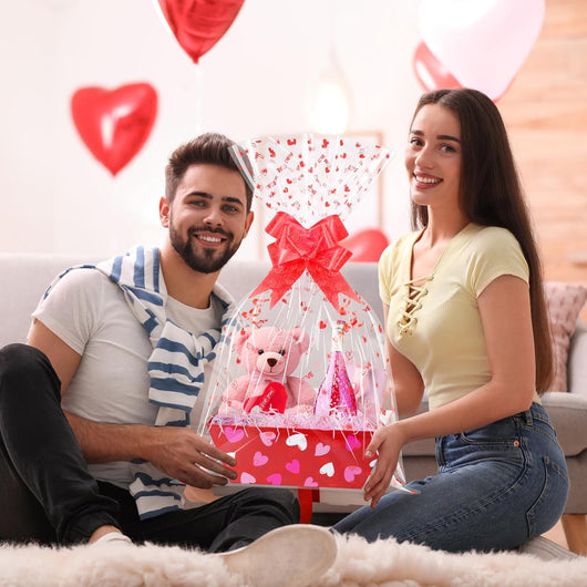 12 Sets Valentines Day Gift Basket Empty with Heart Printed Cellophane Basket Bags, Cardboard Valentine Gift Basket Empty to Fill with Bows Ribbons for Valentine’s Day Wedding Anniversary Party