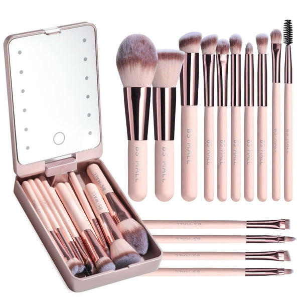 14PCS Travel Makeup Brush Set LED Light Mirror Private Label Portable LED Mirror Cosmetic Makeup Brushes Set