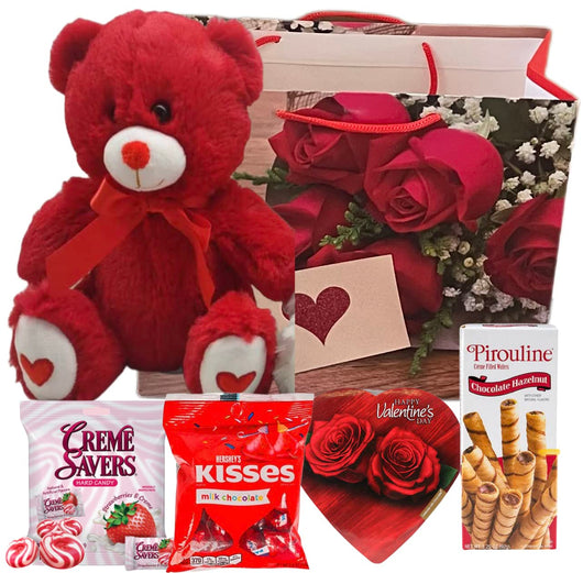 Valentines Day Gift Basket Set | Teddy Bear Plush (COLOR VARYS), Creme Savers Hard Candy, Individually Wrapped, Hershey Kisses Milk Chocolate, Heart Shape Elmer Chocolates Dark Chocolate or Hazelnut Pirouline Wafers, & Valentine Bag (Design Varies |