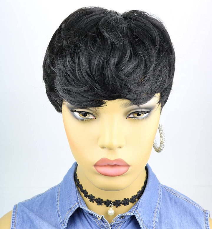 Short Human Hair Pixie Wigs Pixie Cut Short Black Wavy Wigs Layered Short Human Hair Wigs for Black Women African American Women Wigs (Black)