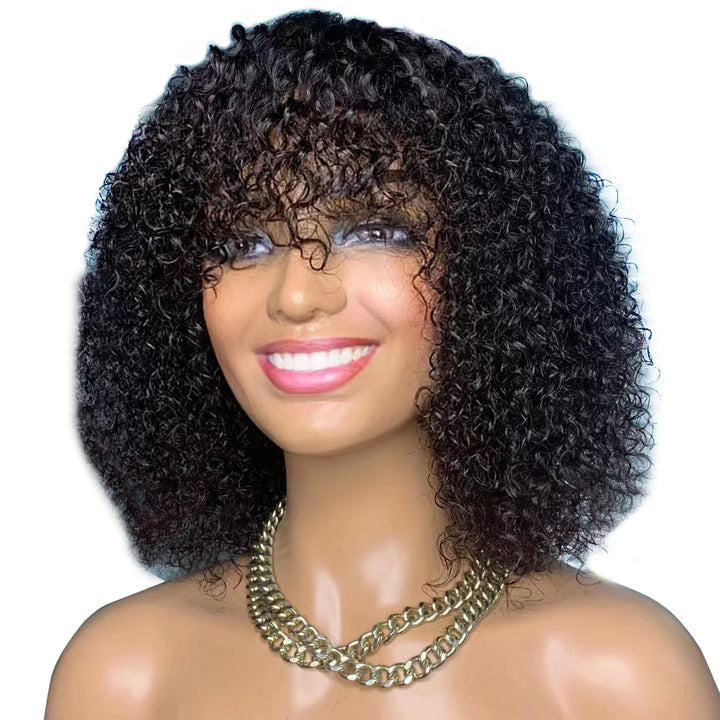 Jerry Curly Bob Cut 100% Human Hair Wigs with Bangs Adjustable Non Lace Wigs for Women