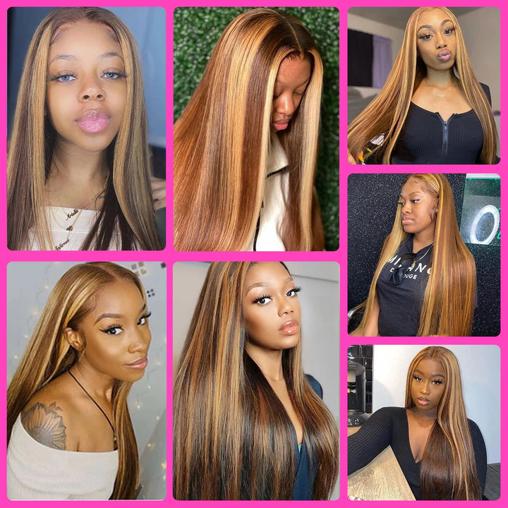 Wear and Go Glueless Wigs Human Hair 4/27 Highlight Straight 4X4 Lace Front Wigs 28 Inch Pre Plucked Colored Wig for Beginners Straight Pre Cut Honey Blonde Wigs Human Hair for Women