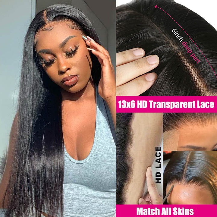 Hair 13X6 Lace Front Wigs Human Hair HD Lace Frontal Wigs Pre Plucked Baby Hair Brazilian Virgin Straight Human Hair 180 Density Natural Black 22 Inch