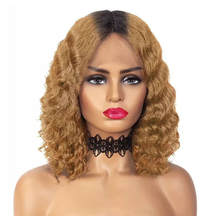 Short Curly Human Hair Wigs for Black Women Ombre Blonde Lace Front Wig Human Hair with Middle Part Natural Short Curly Deep Wave Lace Bob Wigs for Daily Party Use 12 Inch