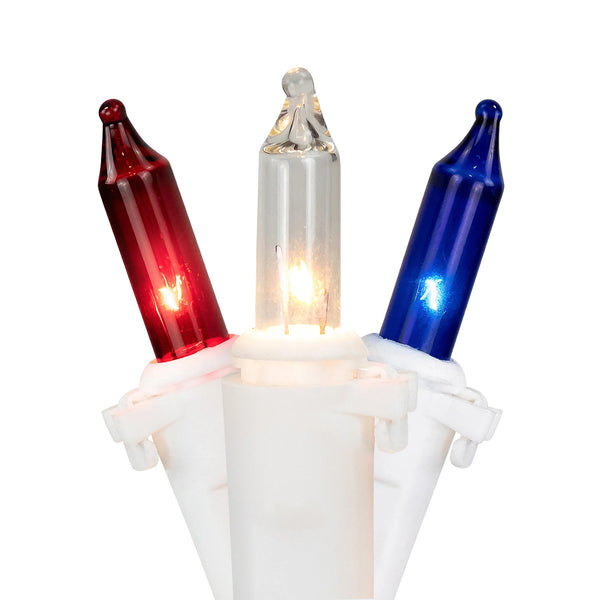 Mini Christmas Light Set - Red, White and Blue - 10' - White Wire - 50Ct