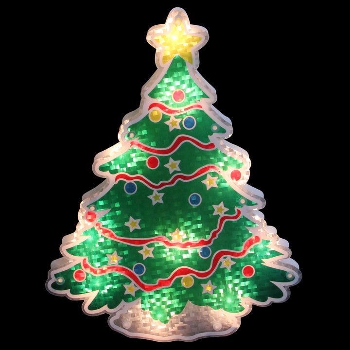 Lighted Holographic Christmas Tree Window Silhouette - 12.5" - Clear Lights