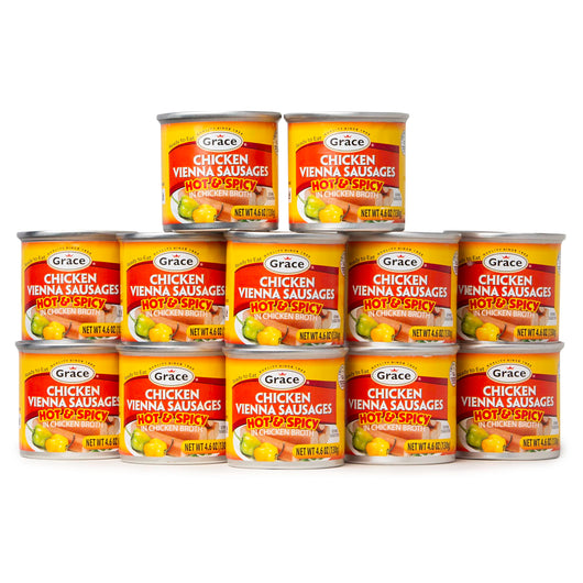 Grace Hot & Spicy Chicken Vienna Sausage in Chicken Broth 4.6z - 4 Pack - US Made Hot and Spicy Vienna Sausages Canned Food - Salchichas de Pollo