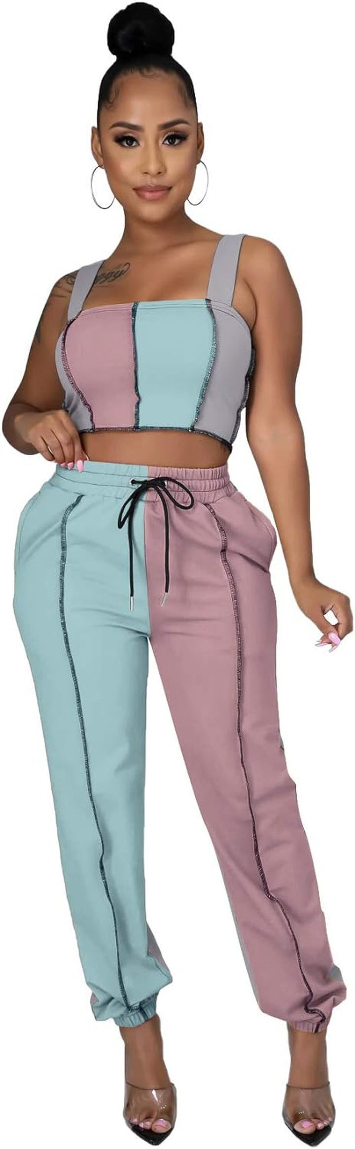 Womens Casual Two Piece Outfits - Sexy Crop Top with Long Pants Yoga Leggings Workout Sets Deep Pink