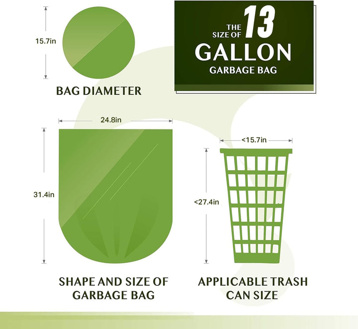 Compostable Trash Bags -  13 Gallon Tall Kitchen Garbage Bags 80 Count Unscented Trash Can Liners 55 Liter Medium Wastebasket Bags for Bathroom Home Bedroom Office Garbage Can (5Rolls/Green)