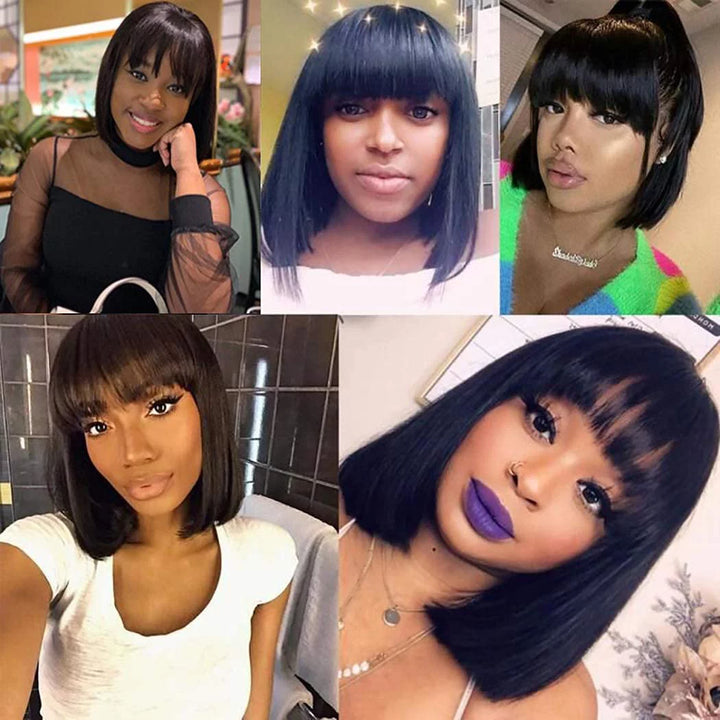 Short Bob Wigs for Black Women Human Hair Wigs with Bangs Straight Wigs 100% Brazilian Virgin Hair Glueless Machine Made Wig Natural Color Short Bob Wigs 12 Inch