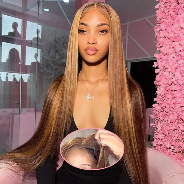 Wear and Go Glueless Wigs Human Hair 4/27 Highlight Straight 4X4 Lace Front Wigs 28 Inch Pre Plucked Colored Wig for Beginners Straight Pre Cut Honey Blonde Wigs Human Hair for Women