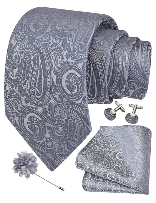 GUSLESON 3.15"（8cm） Mens Tie and Lapel Pin Paisley Necktie Hankerchief Cufflinks Set for Men