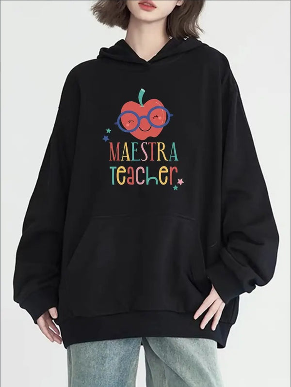 Chic Apple Master Print Hoodie For Women - Casual Long Sleeve With Pockets, Cozy  Pullover For Fall & Winter