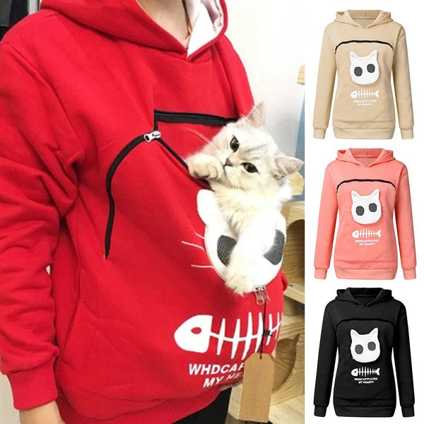 Women Hoodie Sweatshirt With Cat Pet Pocket Design Long Sleeve Sweater Cat Outfit