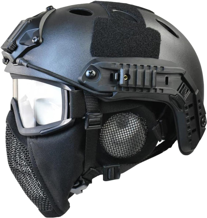 Tactical Fast Helmet with Ear Protection Foldable Half Face Airsoft Mesh Mask and Tactical Goggles for Airsoft Paintball Hunting Shooting Outdoor Sports