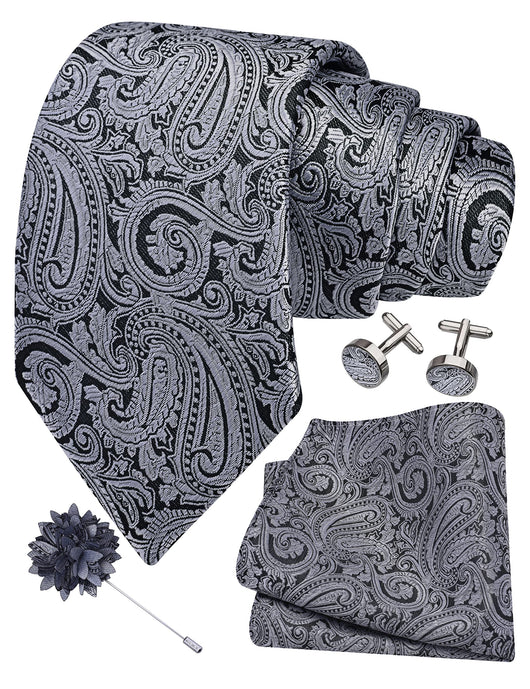 GUSLESON 3.15"（8cm） Mens Tie and Lapel Pin Paisley Necktie Hankerchief Cufflinks Set for Men