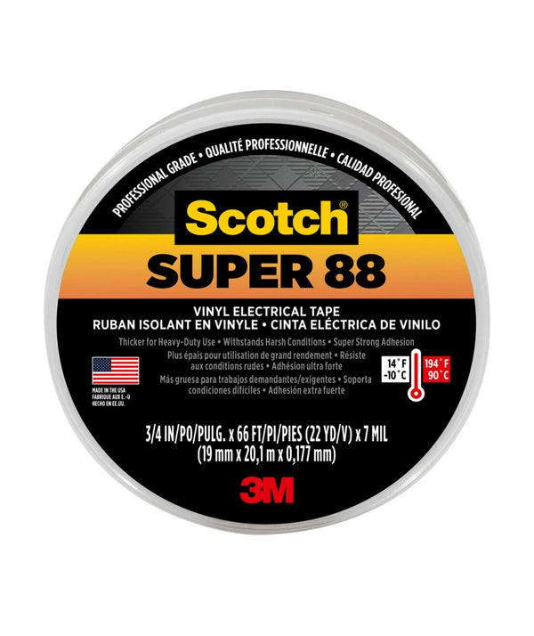 3M Scotch Super 88 Vinyl Electrical Tape, -18 to 105 Degree C, 10000 mV Dielectric Strength, 66' Length x 3/4" Width, Black