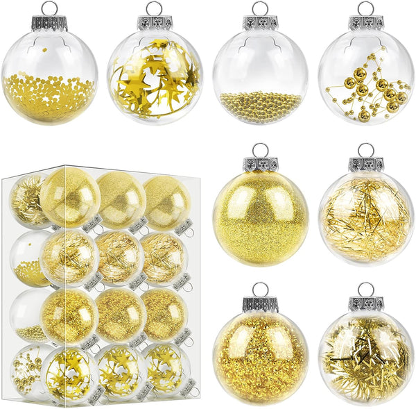 24 Pieces 2.36 Inches Plastic Christmas Balls 8 Designs Shatterproof Decorative Balls Baubles Christmas Hanging Ornaments with Stuffed Delicate Decorations, Gold