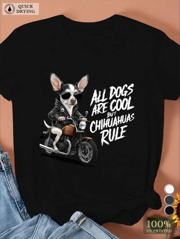 Plus Size Women's Chihuahua On Motorcycle Short Sleeve Sports T-Shirt