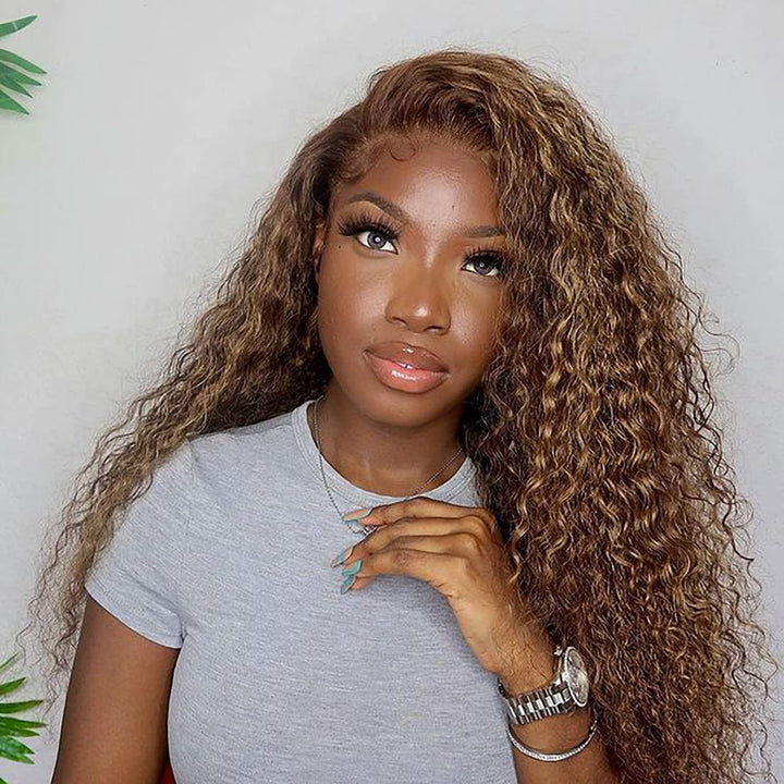 Highlight Water Wave Transparent Lace Front Wigs Human Hair Pre Plucked 20 Inch 180% Density #4/27 Ombre Colored Glueless Curly Wave Honey Blonde Hair Wigs for Women