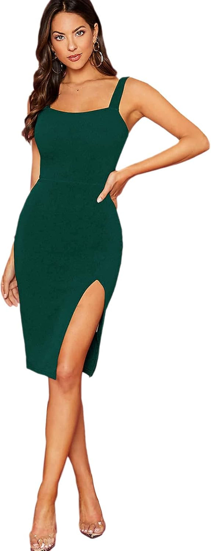 Women'S Sexy Split Thigh Tank Dress Bodycon Party Summer Dresses Dark Green L