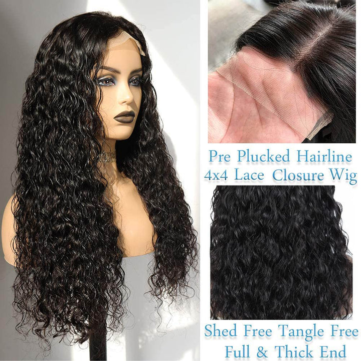 Wet and Wavy Wigs Human Hair 18 Inch Water Wave Closure Wig Brazilian Virgin Hair HD Transparent Lace Front Wigs for Black Women Pre Plucked Free Part Wig 150% Density Natural Color ( 18Inch,4×4 Wig )