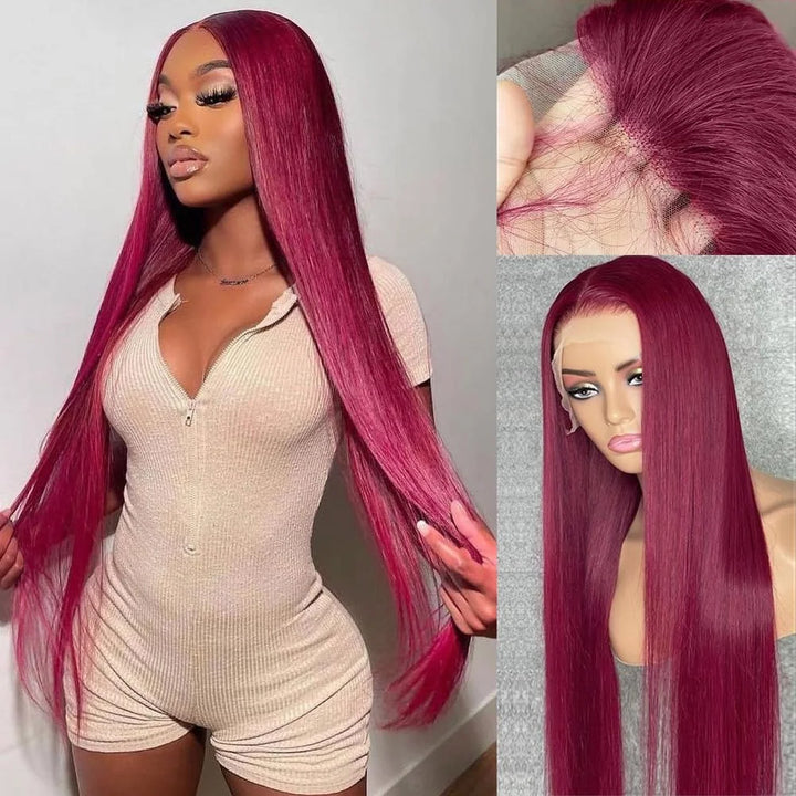 SOSATISFY Straight 99J Burgundy Lace Front Wigs Human Hair 13X4 Glueless HD Transparent Red Wig Human Hair Lace Front 180% Density Colored Wigs for Women Pre Plucked with Baby Hair (22 Inch)