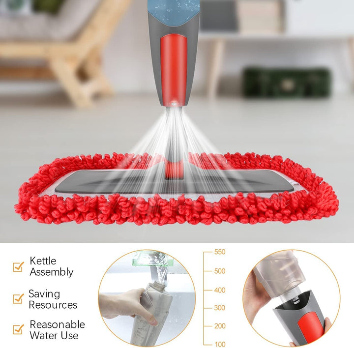 Spray Mop, Floor Mop, 550Ml Wet Jet Mop with 3 Free Reusable Microfiber Pads Multi Mop with Refillable Bottle for Hardwood Floor, Wood, Laminate (Red)