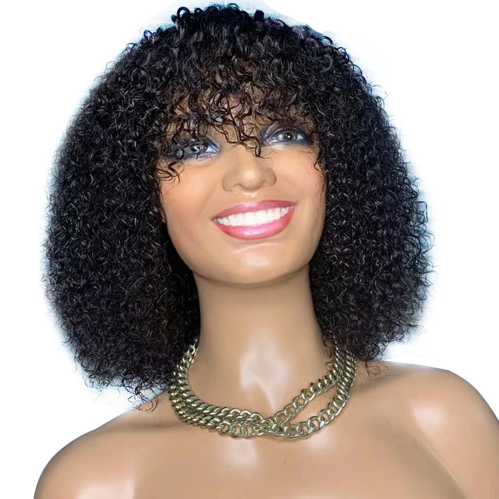 Jerry Curly Bob Cut 100% Human Hair Wigs with Bangs Adjustable Non Lace Wigs for Women